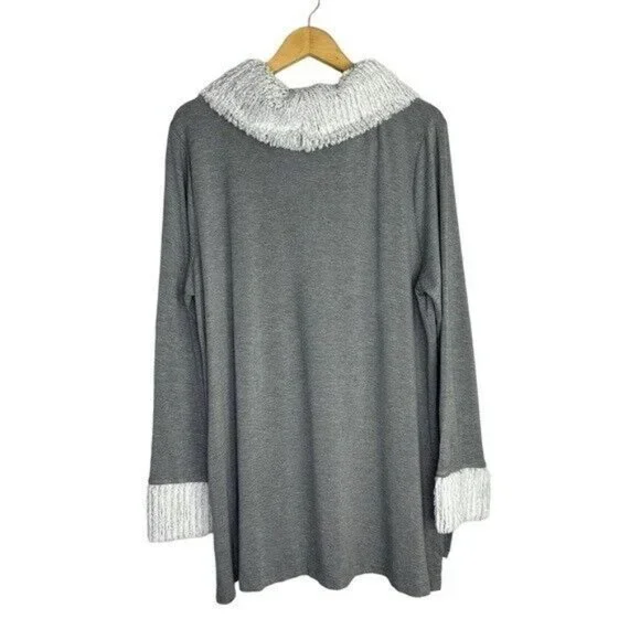 Cato Womens Size XL Gray Long Sleeve Top Off White Faux Fur Cowl Neck & Wrist - Picture 4 of 10